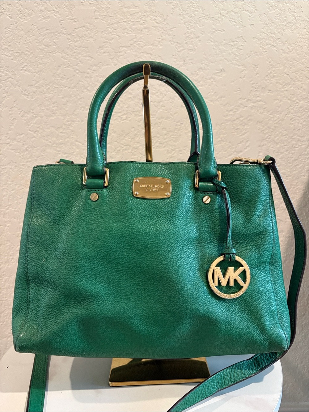 Michael Kors Emerald Green Pebbled Leather Crossbody Satchel with MK Charm